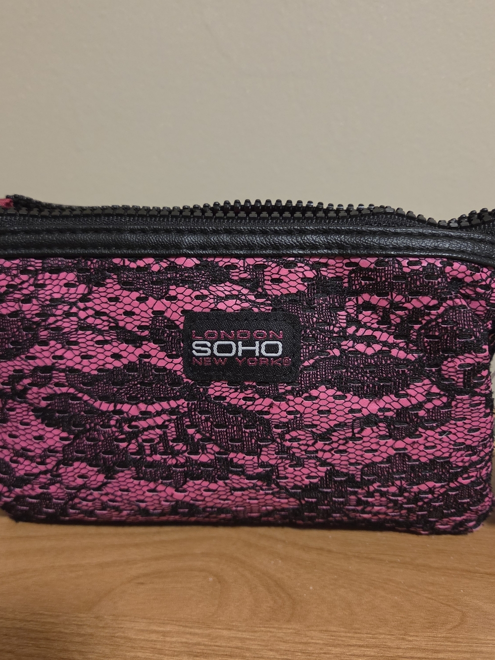 London Soho Pink Lace Cosmetic Pouch with Black Trim
